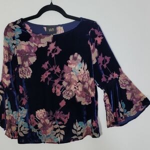 W5 Women Velvet Burnout Bell Sleeve Blouse Top Size S Purple Floral Whimsigoth